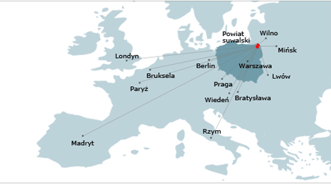Konturowa mapa Europy pokazująca główne stolice państw i ich połączenie z Powiatem SUwalskim